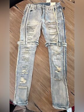 MNML Light Blue Distressed Skinny Jeans with Side Stripe